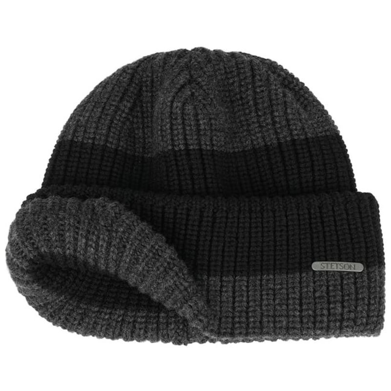 Stetson Beanie Stripes Merino Wool Black Grey