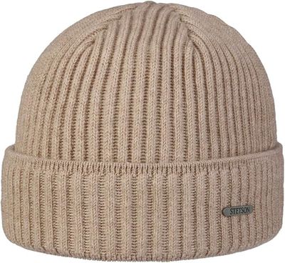 Stetson Parkman Knit Beanie Beige ribbstickad mössa i merinoull