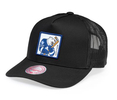 Mitchell & Ness Toronto Maple Leafs Trucker Black med broderad Leafs-patch framtill, svart front och svart mesh baktill.