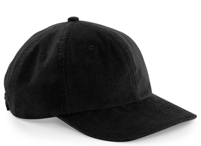 Svart dad cap i manchestertyg med böjd skärm och reglerbar knäppning baktill
