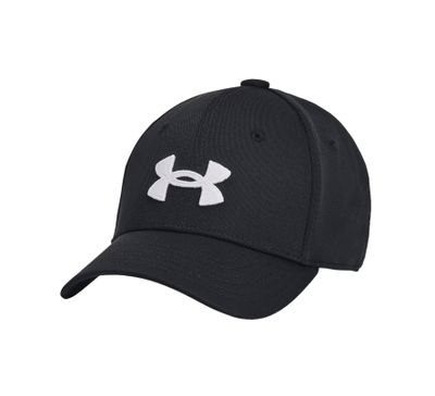 Svart Under Armour Blitzing Low barnkeps med vit logga och böjd skärm.