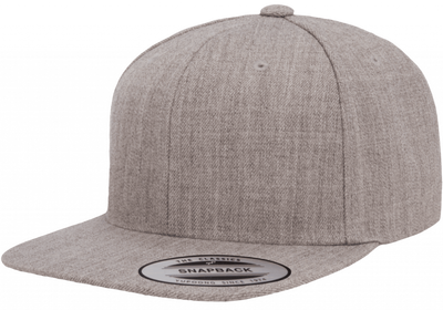 Yupoong Premium Snapback Heather Grey gråmelerad snapbackkeps med platt skärm och grön undersida