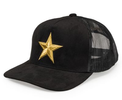 Mitchell & Ness Dallas Stars Trucker Black Gold med svart mockaliknande front, guldstjärna framtill och svart mesh baktill.