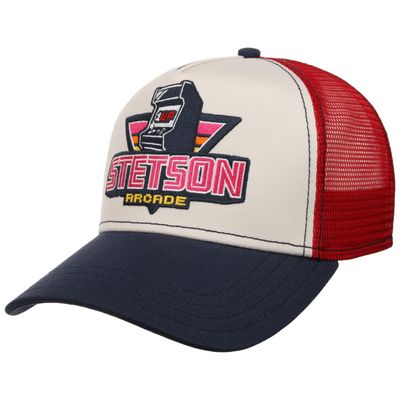 Stetson Gaming Arcade Trucker Cap med arkadmotiv, mörkblå skärm och röd mesh