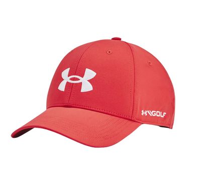Röd Under Armour Golf96 golfkeps med vit logga och böjd skärm.