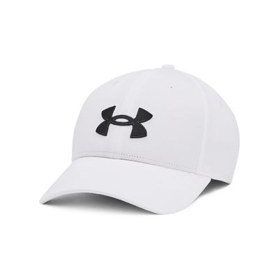 Vit Under Armour Blitzing Low Adjustable med svart broderad logga och böjd skärm.