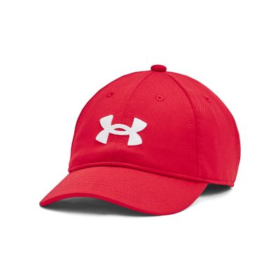 Röd Under Armour Blitzing Low Kids Adjustable barnkeps med vit logga och böjd skärm.