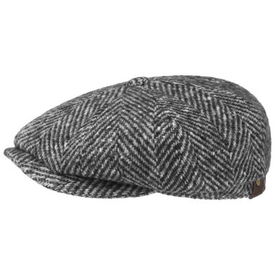 Stetson Hatteras Herringbone Grey Melange flat cap i grått fiskbensmönster med rund form och kort skärm