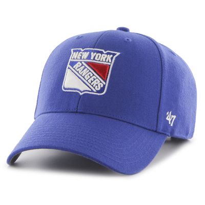 Royalblå New York Rangers keps från ’47 Brand med broderad Rangers-sköld, böjd skärm och vit ’47-logga på sidan.