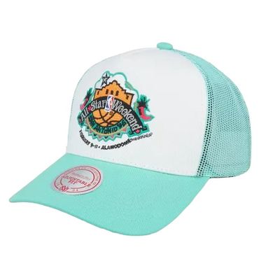 Mitchell & Ness All Star 1996 Trucker White Teal med broderad All Star-patch, vit front, teal skärm och ventilerande mesh baktill.