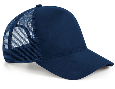 Marinblå trucker keps i mockaimitation med mesh baktill och böjd skärm