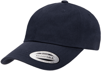 Yupoong Low Profile Cotton Twill dad cap i färgen Navy med böjd skärm och justerbart metallspänne baktill.