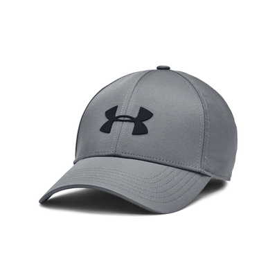 Grå Under Armour Blitzing Low Storm keps med svart logga och böjd skärm.