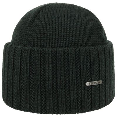 Stetson Merino Beanie i mörkgrönt – ribbstickad mössa i 100 % merinoull med bred kant.