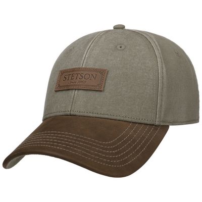 Stetson Baseball Cap Cotton Olive Grey med brun läderskärm i kalvskinn