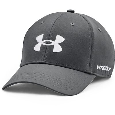 Mörkgrå Under Armour Golf96 golfkeps med vit logga och böjd skärm.